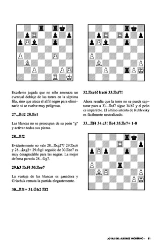 Excelente jugada que no sólo amenaza un
eventual doblaje de las torres en la séptima
fila, sino que ataca el alfil negro para elimi­
narlo si se vuelve muy peligroso.
27..J:�d2 28J�el
Las blancas no se preocupan de su peón "g"
y activan todas sus piezas.
Evidentemente no vale 28...13xg2?? 29.13xc6
y 28...J.xg2+ 29.@gl seguido de 30.13ee7 es
muy desagradable para las negras. La mejor
defensa parecía 28...@g7.
La ventaja de las blancas es ganadora y
Grischuk remata la partida elegantemente.
32J�xc6! bxc6 33Jbti!
Ahora resulta que la torre no se puede cap­
turar pues a 33..J!xf7 sigue 34.b7 y el peón
es imparable. El último intento de Rublevsky
es fácilmente neutralizado.
33..J:U4 34.c3! ge4 35.ge7+ 1-0
JOYAS DEL AJEDREZ MODERNO • 81
 