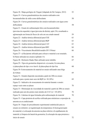 Figura 18 - Mapa geológico de Tinguá (Adaptado de De Campos, 2012) 55
Figura 19 - Curvas granulométricas dos ensaios realizados com
hexametafosfato de sódio como defloculante 58
Figura 20 - Curvas granulométricas dos ensaios realizados com água como
defloculante 58
Figura 21 - Ensaio de sedimentação feito com hexametafosfato
(provetas da esquerda) e água (provetas da direita), após 21h, ressaltando a
aglomeração em forma de flocos do solo em seu estado natural 59
Figura 22 - Análise térmica diferencial para CEII 63
Figura 23 - Análise térmica diferencial para BQP 63
Figura 24 - Análise térmica diferencial para CAT 63
Figura 25 - Análise térmica diferencial para RBT 64
Figura 26 - Viscosímetro Brookfield modelo DV I Primer 66
Figura 27 - a) Recipiente utilizado para colocar o material a ser ensaiado;
b) Haste utilizada nos ensaios (splinder 31) 66
Figura 28 - Reômetro Haake Mars utilizado neste trabalho 67
Figura 29 - Tipos de geometrias disponíveis: a) couette; b) cone-placa;
c) placa-placa do tipo cross hatch; d) placa-placa do tipo lisa 68
Figura 30- Extravasamento de material no ensaio utilizando uma folga
de 4,0mm 69
Figura 31 - Grande dispersão encontrada a partir de 200s no ensaio
realizado para o ponto mais seco da BQP (w= 81,50%) 69
Figura 32 - Indicativo do ressecamento do material durante o ensaio:
espaço vazio entre as placas 70
Figura 33 - Diminuição da viscosidade do material a partir de 200s no ensaio
realizado para um dos pontos mais úmidos do CAT (w= 103,46%) 70
Figura 34 - Lâminas de água formadas pela sedimentação do material 70
Figura 35 - Capa protetora de acrílico utilizada para minimizar a exposição da
amostra ao ar condicionado 71
Figura 36 - Etapas do procedimento experimental estabelecido para os
ensaios no reômetro: a) regularização da temperatura; b) homogeneização
do material; c) colocação da amostra na placa inferior; d) espalhamento do
material; e) limpeza da lateral da geometria; f) colocação da capa protetora e
início do ensaio 72
PUC-Rio-CertificaçãoDigitalNº1112033/CA
 