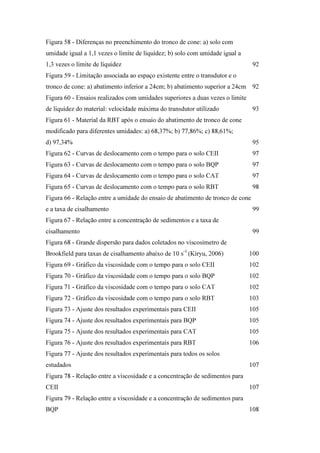 Figura 58 - Diferenças no preenchimento do tronco de cone: a) solo com
umidade igual a 1,1 vezes o limite de liquidez; b) solo com umidade igual a
1,3 vezes o limite de liquidez 92
Figura 59 - Limitação associada ao espaço existente entre o transdutor e o
tronco de cone: a) abatimento inferior a 24cm; b) abatimento superior a 24cm 92
Figura 60 - Ensaios realizados com umidades superiores a duas vezes o limite
de liquidez do material: velocidade máxima do transdutor utilizado 93
Figura 61 - Material da RBT após o ensaio do abatimento de tronco de cone
modificado para diferentes umidades: a) 68,37%; b) 77,86%; c) 88,61%;
d) 97,34% 95
Figura 62 - Curvas de deslocamento com o tempo para o solo CEII 97
Figura 63 - Curvas de deslocamento com o tempo para o solo BQP 97
Figura 64 - Curvas de deslocamento com o tempo para o solo CAT 97
Figura 65 - Curvas de deslocamento com o tempo para o solo RBT 98
Figura 66 - Relação entre a umidade do ensaio de abatimento de tronco de cone
e a taxa de cisalhamento 99
Figura 67 - Relação entre a concentração de sedimentos e a taxa de
cisalhamento 99
Figura 68 - Grande dispersão para dados coletados no viscosímetro de
Brookfield para taxas de cisalhamento abaixo de 10 s-1
(Kiryu, 2006) 100
Figura 69 - Gráfico da viscosidade com o tempo para o solo CEII 102
Figura 70 - Gráfico da viscosidade com o tempo para o solo BQP 102
Figura 71 - Gráfico da viscosidade com o tempo para o solo CAT 102
Figura 72 - Gráfico da viscosidade com o tempo para o solo RBT 103
Figura 73 - Ajuste dos resultados experimentais para CEII 105
Figura 74 - Ajuste dos resultados experimentais para BQP 105
Figura 75 - Ajuste dos resultados experimentais para CAT 105
Figura 76 - Ajuste dos resultados experimentais para RBT 106
Figura 77 - Ajuste dos resultados experimentais para todos os solos
estudados 107
Figura 78 - Relação entre a viscosidade e a concentração de sedimentos para
CEII 107
Figura 79 - Relação entre a viscosidade e a concentração de sedimentos para
BQP 108
PUC-Rio-CertificaçãoDigitalNº1112033/CA
 