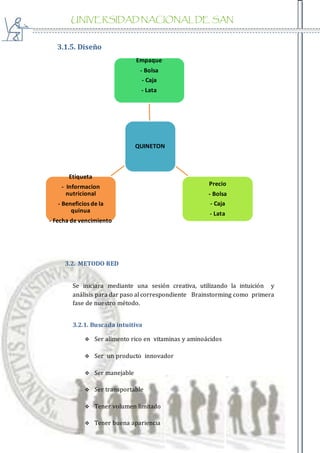 UNIVERSIDAD NACIONAL DE SAN
AGUSTIN
3.1.5. Diseño
3.2. METODO RED
Se iniciara mediante una sesión creativa, utilizando la intuición y
análisis para dar paso al correspondiente Brainstorming como primera
fase de nuestro método.
3.2.1. Buscada intuitiva
 Ser alimento rico en vitaminas y aminoácidos
 Ser un producto innovador
 Ser manejable
 Ser transportable
 Tener volumen limitado
 Tener buena apariencia
QUINETON
Empaque
- Bolsa
- Caja
- Lata
Precio
- Bolsa
- Caja
- Lata
Etiqueta
- Informacion
nutricional
- Beneficios de la
quinua
- Fecha de vencimiento
 