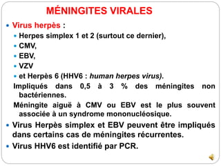  Virus herpès :
 Herpes simplex 1 et 2 (surtout ce dernier),
 CMV,
 EBV,
 VZV
 et Herpès 6 (HHV6 : human herpes viru...