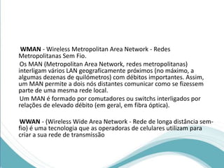 WMAN - Wireless Metropolitan Area Network - Redes 
Metropolitanas Sem Fio. 
Os MAN (Metropolitan Area Network, redes metropolitanas) 
interligam vários LAN geograficamente próximos (no máximo, a 
algumas dezenas de quilómetros) com débitos importantes. Assim, 
um MAN permite a dois nós distantes comunicar como se fizessem 
parte de uma mesma rede local. 
Um MAN é formado por comutadores ou switchs interligados por 
relações de elevado débito (em geral, em fibra óptica). 
WWAN - (Wireless Wide Area Network - Rede de longa distância sem-fio) 
é uma tecnologia que as operadoras de celulares utilizam para 
criar a sua rede de transmissão 
 