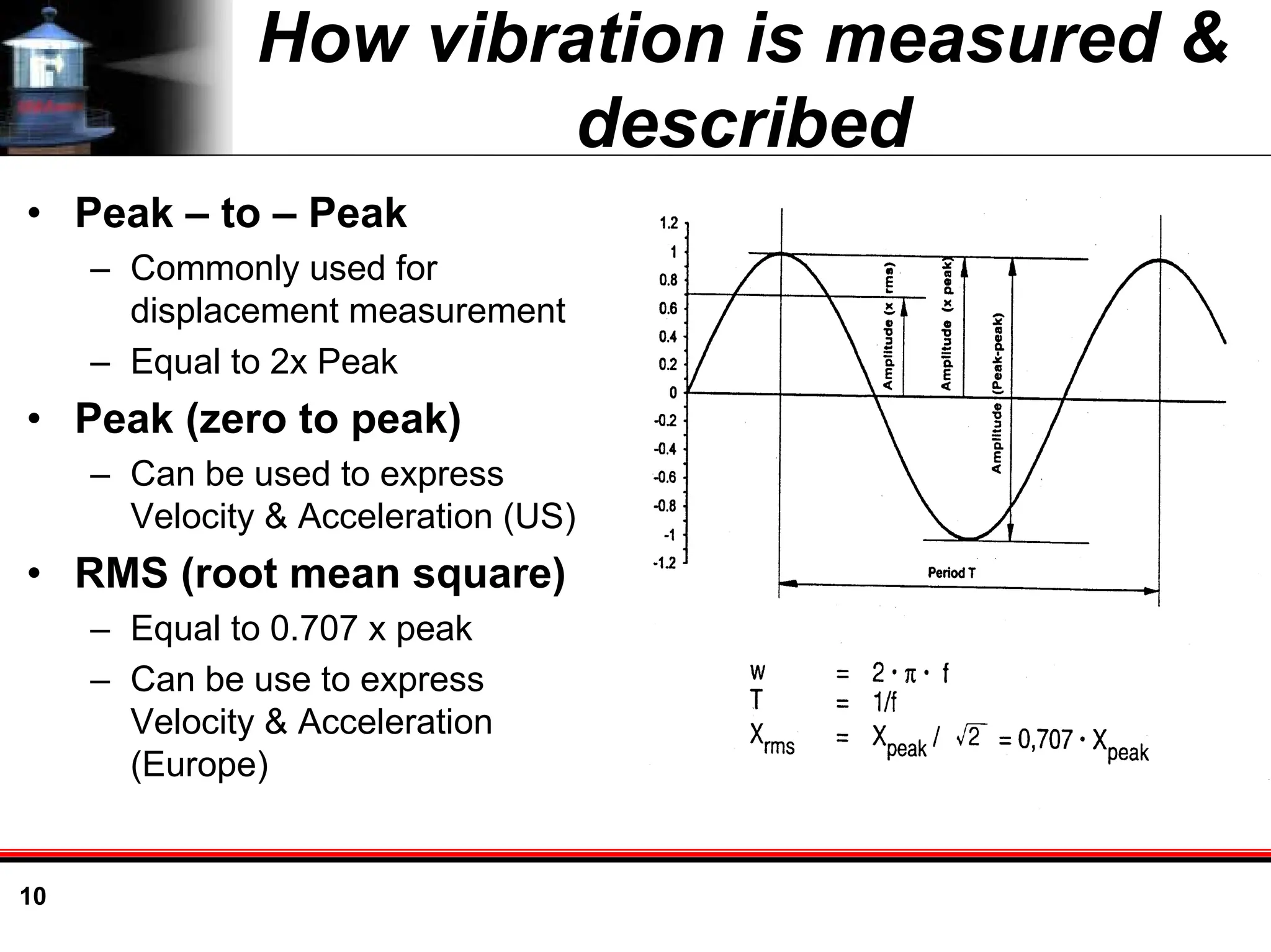 10
How vibration is measured &
described
• Peak – to – Peak
– Commonly used for
displacement measurement
– Equal to 2x Peak
• Peak (zero to peak)
– Can be used to express
Velocity & Acceleration (US)
• RMS (root mean square)
– Equal to 0.707 x peak
– Can be use to express
Velocity & Acceleration
(Europe)
 