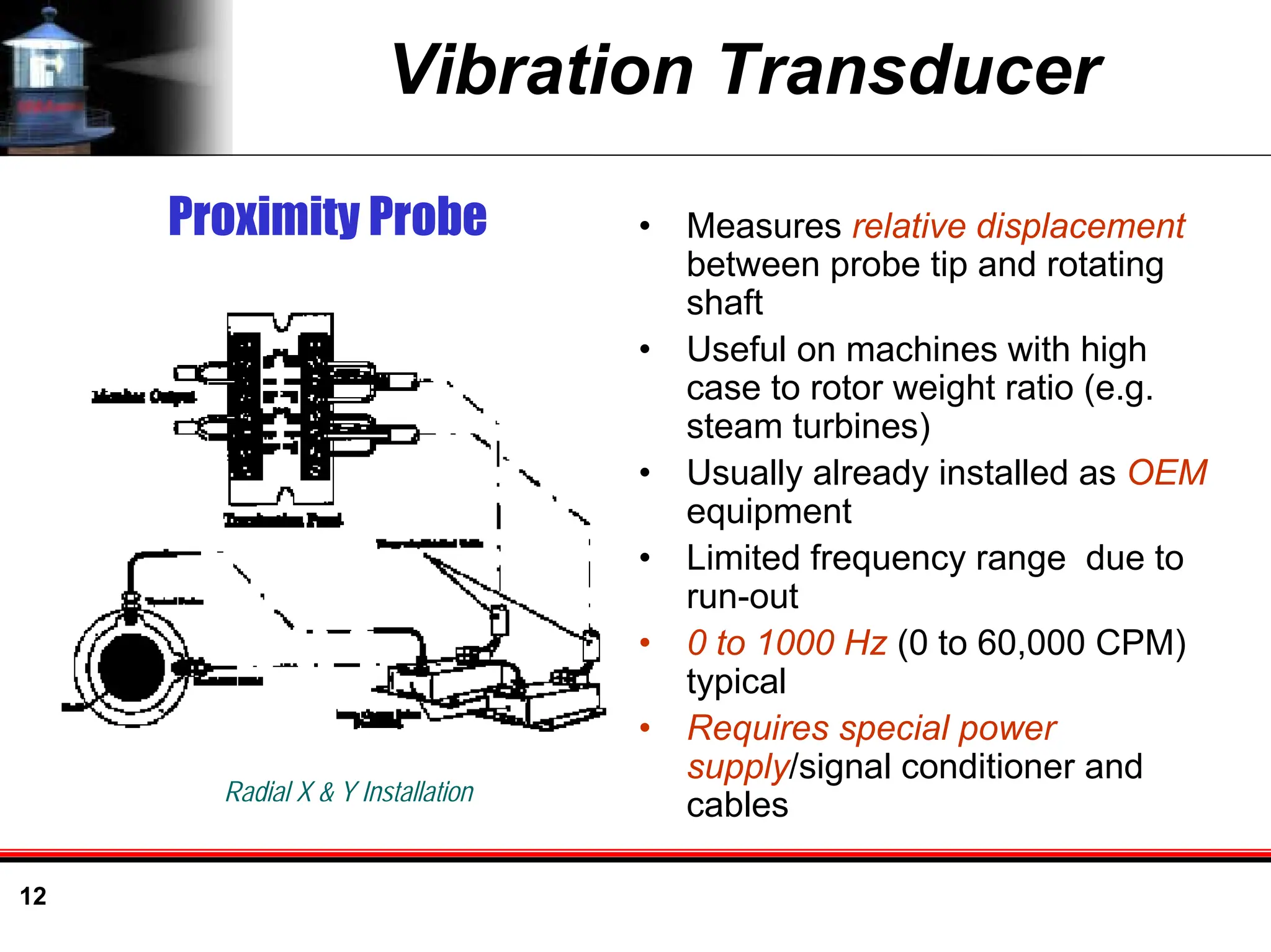 12
Vibration Transducer
• Measures relative displacement
between probe tip and rotating
shaft
• Useful on machines with high
case to rotor weight ratio (e.g.
steam turbines)
• Usually already installed as OEM
equipment
• Limited frequency range due to
run-out
• 0 to 1000 Hz (0 to 60,000 CPM)
typical
• Requires special power
supply/signal conditioner and
cables
Proximity Probe
Radial X & Y Installation
 