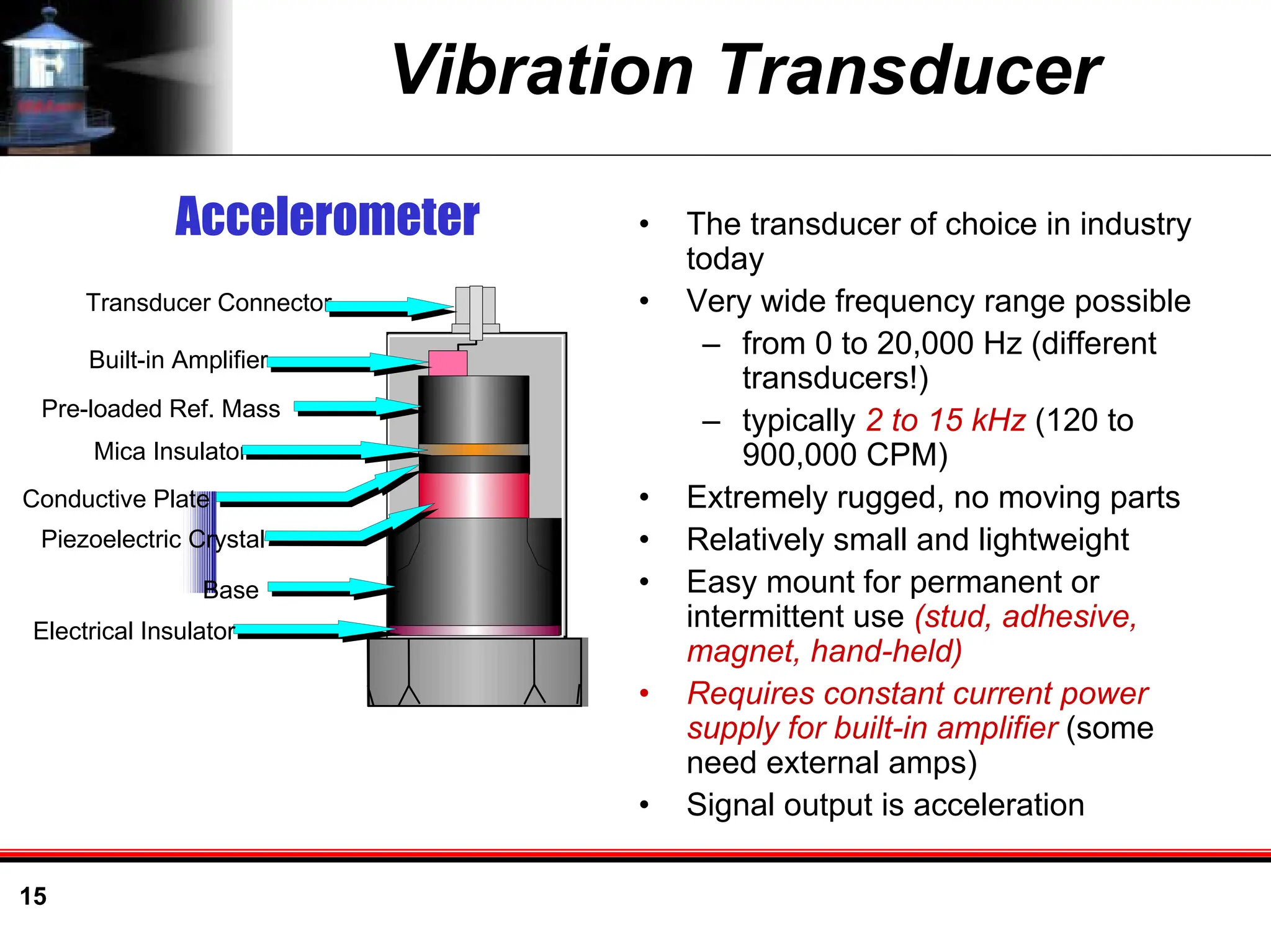 15
Vibration Transducer
• The transducer of choice in industry
today
• Very wide frequency range possible
– from 0 to 20,000 Hz (different
transducers!)
– typically 2 to 15 kHz (120 to
900,000 CPM)
• Extremely rugged, no moving parts
• Relatively small and lightweight
• Easy mount for permanent or
intermittent use (stud, adhesive,
magnet, hand-held)
• Requires constant current power
supply for built-in amplifier (some
need external amps)
• Signal output is acceleration
Accelerometer
Transducer Connector
Built-in Amplifier
Pre-loaded Ref. Mass
Mica Insulator
Piezoelectric Crystal
Conductive Plate
Base
Electrical Insulator
 