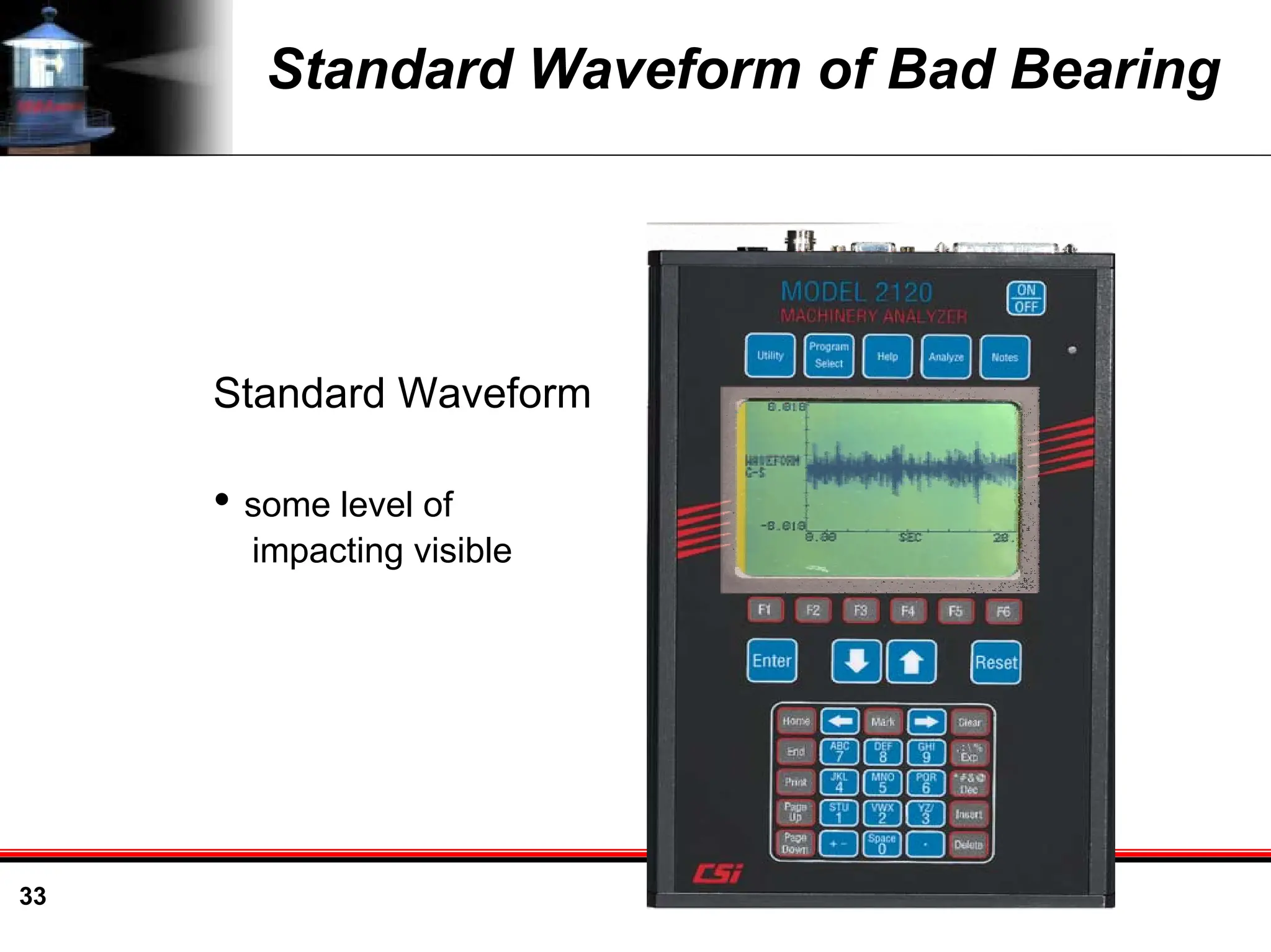 33
Standard Waveform of Bad Bearing
Standard Waveform
• some level of
impacting visible
 
