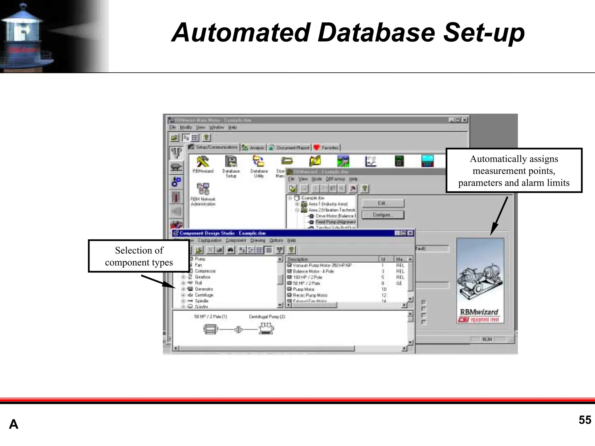 A 55
Automated Database Set-up
Selection of
component types
Automatically assigns
measurement points,
parameters and alarm limits
 