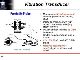 12
Vibration Transducer
• Measures relative displacement
between probe tip and rotating
shaft
• Useful on machines with high
case to rotor weight ratio (e.g.
steam turbines)
• Usually already installed as OEM
equipment
• Limited frequency range due to
run-out
• 0 to 1000 Hz (0 to 60,000 CPM)
typical
• Requires special power
supply/signal conditioner and
cables
Proximity Probe
Radial X & Y Installation
 