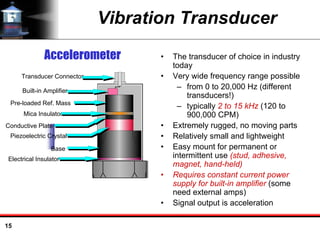 15
Vibration Transducer
• The transducer of choice in industry
today
• Very wide frequency range possible
– from 0 to 20,000 Hz (different
transducers!)
– typically 2 to 15 kHz (120 to
900,000 CPM)
• Extremely rugged, no moving parts
• Relatively small and lightweight
• Easy mount for permanent or
intermittent use (stud, adhesive,
magnet, hand-held)
• Requires constant current power
supply for built-in amplifier (some
need external amps)
• Signal output is acceleration
Accelerometer
Transducer Connector
Built-in Amplifier
Pre-loaded Ref. Mass
Mica Insulator
Piezoelectric Crystal
Conductive Plate
Base
Electrical Insulator
 