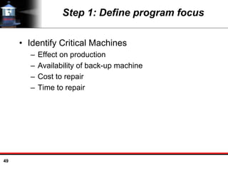 49
Step 1: Define program focus
• Identify Critical Machines
– Effect on production
– Availability of back-up machine
– Cost to repair
– Time to repair
 