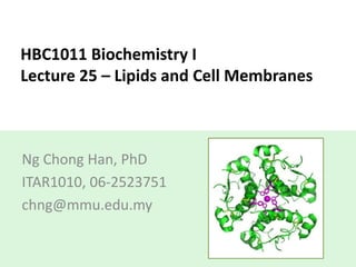 HBC1011 Biochemistry I
Lecture 25 – Lipids and Cell Membranes
Ng Chong Han, PhD
ITAR1010, 06-2523751
chng@mmu.edu.my
 