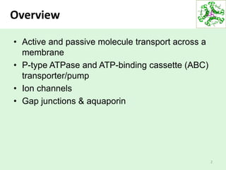Overview
• Active and passive molecule transport across a
membrane
• P-type ATPase and ATP-binding cassette (ABC)
transporter/pump
• Ion channels
• Gap junctions & aquaporin
2
 