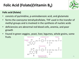 Folic Acid (Folate)(Vitamin B9)
23
Folic acid (folate)
• consists of pyrimidine, p-aminobenzoic acid, and glutamate
• forms the coenzyme tetrahydrofolate, THF used in the transfer of
methyl groups and is involved in the synthesis of nucleic acids
• deficiencies are abnormal red blood cells, anemia, and poor
growth
• Found in green veggies, yeast, liver, legumes, whole grains, some
fruits
 