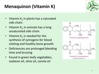 Menaquinon (Vitamin K)
• Vitamin K1 in plants has a saturated
side chain.
• Vitamin K2 in animals has a long
unsaturated side chain.
• Vitamin K2 is needed for the
synthesis of zymogens for blood
clotting and healthy bone growth.
• Deficiencies are prolonged bleeding
time and bruising
• Found in green leafy vegetables,
soybean oil, olive oil, canola oil
31
 