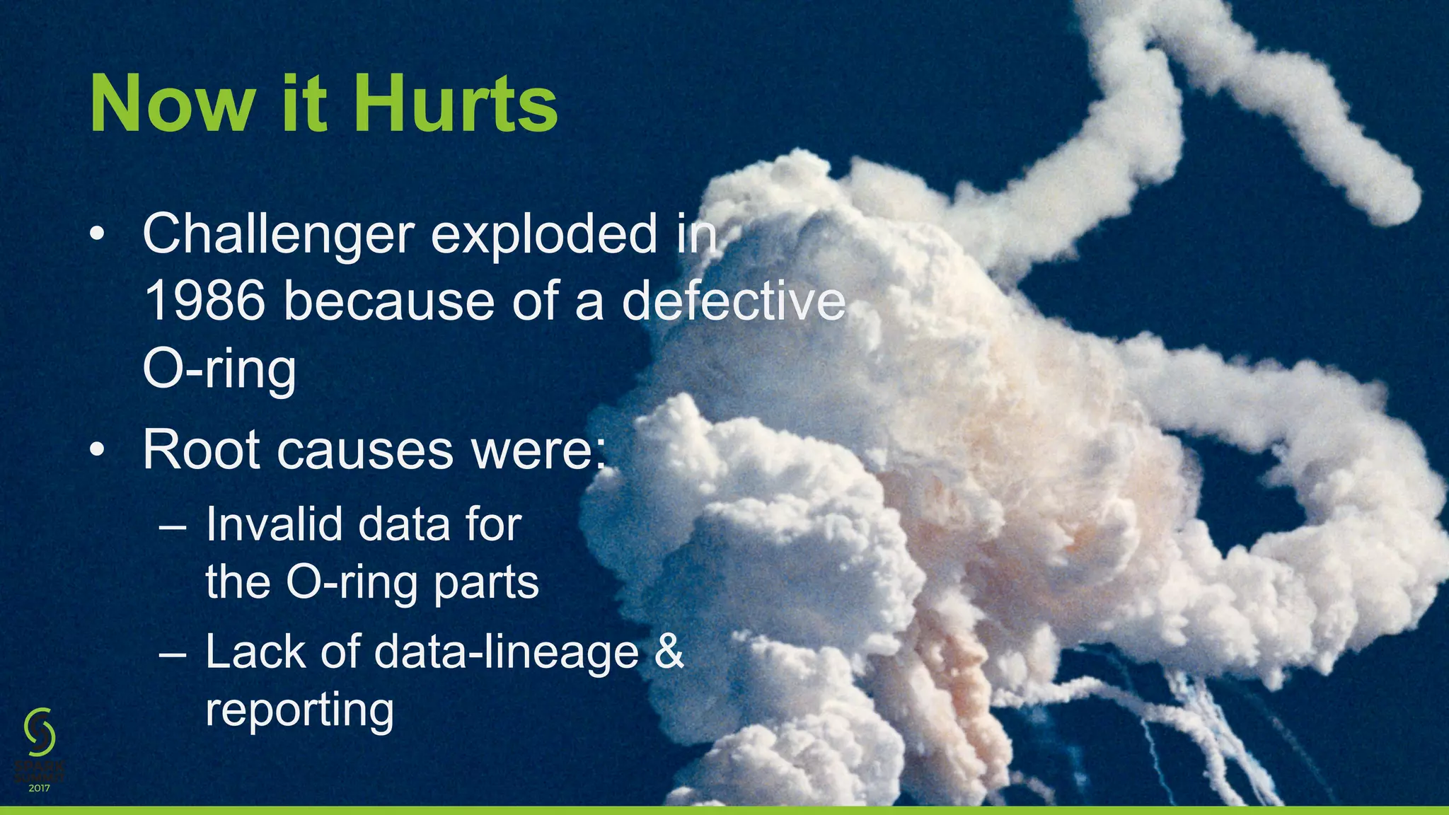 Now it Hurts
• Challenger exploded in
1986 because of a defective
O-ring
• Root causes were:
– Invalid data for
the O-ring parts
– Lack of data-lineage &
reporting
 