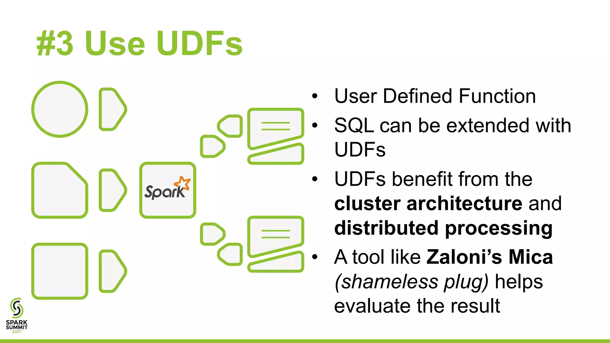 #3 Use UDFs
• User Defined Function
• SQL can be extended with
UDFs
• UDFs benefit from the
cluster architecture and
distributed processing
• A tool like Zaloni’s Mica
(shameless plug) helps
evaluate the result
 