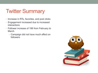 Twitter Summary
• Increase in RTs, favorites, and post clicks
• Engagement increased due to increased
interactions
• Follower increase of 196 from February to
March
• Campaign did not have much effect on
followers
 