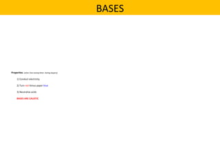 Properties: (other than tasting bitter, feeling slippery)
1) Conduct electricity
2) Turn red litmus paper blue
3) Neutralize acids
BASES ARE CAUSTIC
BASES
 