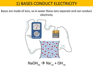 Bases are made of ions, so in water these ions separate and can conduct
electricity
NaOH(aq)  Na+
(aq) + OH-
(aq)
1) BASES CONDUCT ELECTRICITY
 