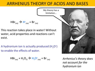 My theory has a
limitation…
HBr(aq)  H+
(aq) + Br-
(aq)
This reaction takes place in water! Without
water, acid properties and reactions can’t
exist.
A hydronium ion is actually produced (H3O+
)
to enable the effects of water.
HBr(aq) + H2O(l)  H3O+
(aq) + Br-
(aq) Arrhenius’s theory does
not account for the
hydronium ion
ARRHENIUS THEORY OF ACIDS AND BASES
 