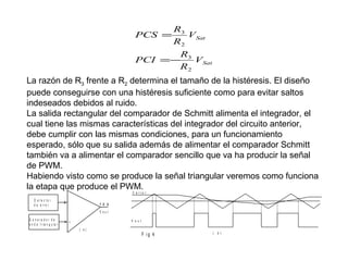 PCS =

R3
V Sat
R2

R
PCI =− 3 V Sat
R2

La razón de R3 frente a R2 determina el tamaño de la histéresis. El diseño
puede conseguirse con una histéresis suficiente como para evitar saltos
indeseados debidos al ruido.
La salida rectangular del comparador de Schmitt alimenta el integrador, el
cual tiene las mismas características del integrador del circuito anterior,
debe cumplir con las mismas condiciones, para un funcionamiento
esperado, sólo que su salida además de alimentar el comparador Schmitt
también va a alimentar el comparador sencillo que va ha producir la señal
de PWM.
Habiendo visto como se produce la señal triangular veremos como funciona
la etapa que produce el PWM.
V e rro r

D e te c to r
d e e rro r

>

-

PW M
Vout

G e n e ra d o r d e
o n d a t r ia n g u la r

>

V o u t

+
( a)

F ig 4

(

b )

 