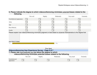 Flipside Workspace versus Videoconferencing
6. Please indicate the degree to which videoconferencing minimizes potential biases related to the
following.
Not at all Slightly Moderately Very much Extremely
Facial/physical appearance
Attire
Age
Race/ethnicity
Gender
Please explain how videoconferencing minimizes judgment or bias based on physical characteristics to the degree that
you think it does.
5 / 7 71%
Prev Next
Videoconferencing User Experience Survey - Page 6 of 7
7. Please rate how positively you feel about the degree to which
videoconferencing minimizes potential biases related to the following.
Not at all Slightly Moderately Very much Extremely
Facial/physical
appearance
51
 
