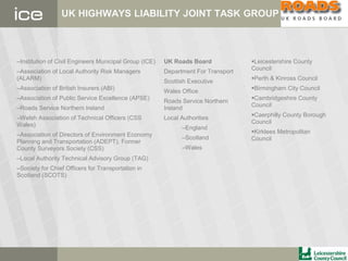 UK HIGHWAYS LIABILITY JOINT TASK GROUP
–Institution of Civil Engineers Municipal Group (ICE)
–Association of Local Authority Risk Managers
(ALARM)
–Association of British Insurers (ABI)
–Association of Public Service Excellence (APSE)
–Roads Service Northern Ireland
–Welsh Association of Technical Officers (CSS
Wales)
–Association of Directors of Environment Economy
Planning and Transportation (ADEPT), Former
County Surveyors Society (CSS)
–Local Authority Technical Advisory Group (TAG)
–Society for Chief Officers for Transportation in
Scotland (SCOTS)
UK Roads Board
Department For Transport
Scottish Executive
Wales Office
Roads Service Northern
Ireland
Local Authorities
–England
–Scotland
–Wales
Leicestershire County
Council
Perth & Kinross Council
Birmingham City Council
Cambridgeshire County
Council
Caerphilly County Borough
Council
Kirklees Metropolitan
Council
 