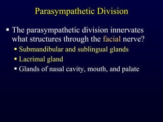 Parasympathetic Division The parasympathetic division innervates what structures through the  facial  nerve? Submandibular and sublingual glands Lacrimal gland Glands of nasal cavity, mouth, and palate 