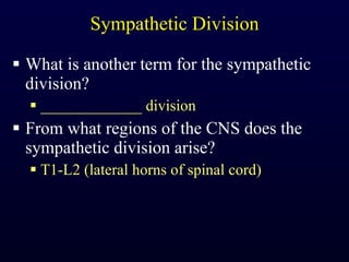 Sympathetic Division What is another term for the sympathetic division? _____________ division From what regions of the CNS does the sympathetic division arise? T1-L2 (lateral horns of spinal cord) 