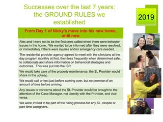 Successes over the last 7 years:
the GROUND RULES we
established
2019
From Day 1 of Nicky’s move into his new home,
until now
Alex and I were not to be the first ones called when there were behavior
issues in the home. We wanted to be informed after they were resolved,
or immediately if there were injuries and/or emergency care needed.
The residential provider agency agreed to meet with the clinicians at the
day program monthly at first, then less frequently when determined safe,
to collaborate and share information on behavioral strategies and
outcomes. This was put into the ISP.
We would take care of the property maintenance, the SL Provider would
share in the upkeep.
We would call or text just before coming over, but no promise of an
amount of time before arriving.
Any issues or concerns about the SL Provider would be brought to the
attention of the Case Manager, not directly with the Provider, and vice
versa.
We were invited to be part of the hiring process for any SL, respite or
part-time caregivers.
 