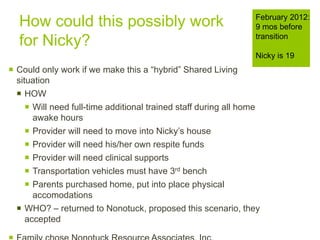 How could this possibly work
for Nicky?
 Could only work if we make this a “hybrid” Shared Living
situation
 HOW
 Will need full-time additional trained staff during all home
awake hours
 Provider will need to move into Nicky’s house
 Provider will need his/her own respite funds
 Provider will need clinical supports
 Transportation vehicles must have 3rd bench
 Parents purchased home, put into place physical
accomodations
 WHO? – returned to Nonotuck, proposed this scenario, they
accepted
February 2012:
9 mos before
transition
Nicky is 19
 