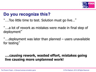 The Phoenix Project – A Devops business simulation game © Pink Elephant, 2016. All Rights Reserved.
Do you recognize this?
“….Too little time to test. Solution must go live…”
“….a lot of rework as mistakes were made in final step of
deployment”
….causing rework, wasted effort, mistakes going
live causing more unplanned work!
“….deployment was later than planned – users unavailable
for testing”
 
