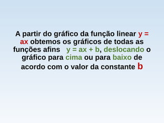 A partir do gráfico da função linear y =
ax obtemos os gráficos de todas as
funções afins y = ax + b, deslocando o
gráfico para cima ou para baixo de
acordo com o valor da constante b
 