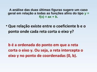A análise das duas últimas figuras sugere um caso
geral em relação a todas as funções afins do tipo y =
f(x) = ax + b.
• Que relação existe entre o coeficiente b e o
ponto onde cada reta corta o eixo y?
b é a ordenada do ponto em que a reta
corta o eixo y. Ou seja, a reta intercepta o
eixo y no ponto de coordenadas (0, b).
 
