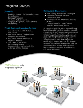 Integrated Services
Premedia
•	 Document Creation – Conventional & System
Driven Solutions
•	 Language Translation
•	 Creative & Production Services
•	 Campaign Management – Cross Media File
Re-purposing
Print & Electronic Production Services
•	 Conventional Financial & Marketing
Print Services
•	 Digital Print Services – Independent or
Integrated into Fulfillment
•	 Data Driven Print Services – Data to
Document Solutions
•	 Web to Print – Customize &
Personalized Programs
•	 International Print Management – Print
& Delivery in Other Countries
Distribution & Dissemination
•	 USPS Mailing – Conventional & Intelligent
•	 Fulfillment – Pre-sale & Post-sale
Fulfillment Services
•	 eDelivery – Flat File, Personalized with PURL
Services
•	 Product & Launches – Large Program
Assembly & Distribution Services
An integrated end-to-end service partnership may
be right for you. FGS can help and offers to provide
a complete review of your current process, systems,
and costs. Through this review we will present a
discovery and proposal document that will work
to prove the benefits and cost savings across
all required service areas. With FGS you can
expand in your core infrastructure and leave the
marketing and communications process to us. We
will align with your strategic mission to create a
best-in-class partnership built on performance,
trust, and accountability.
Distribution
Compliance Fulfillment
Print
Document Creation
Project Management
FGS Technology puts
the pieces together.
 