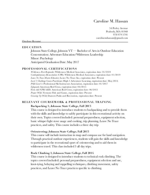 Outdoor recreation resume