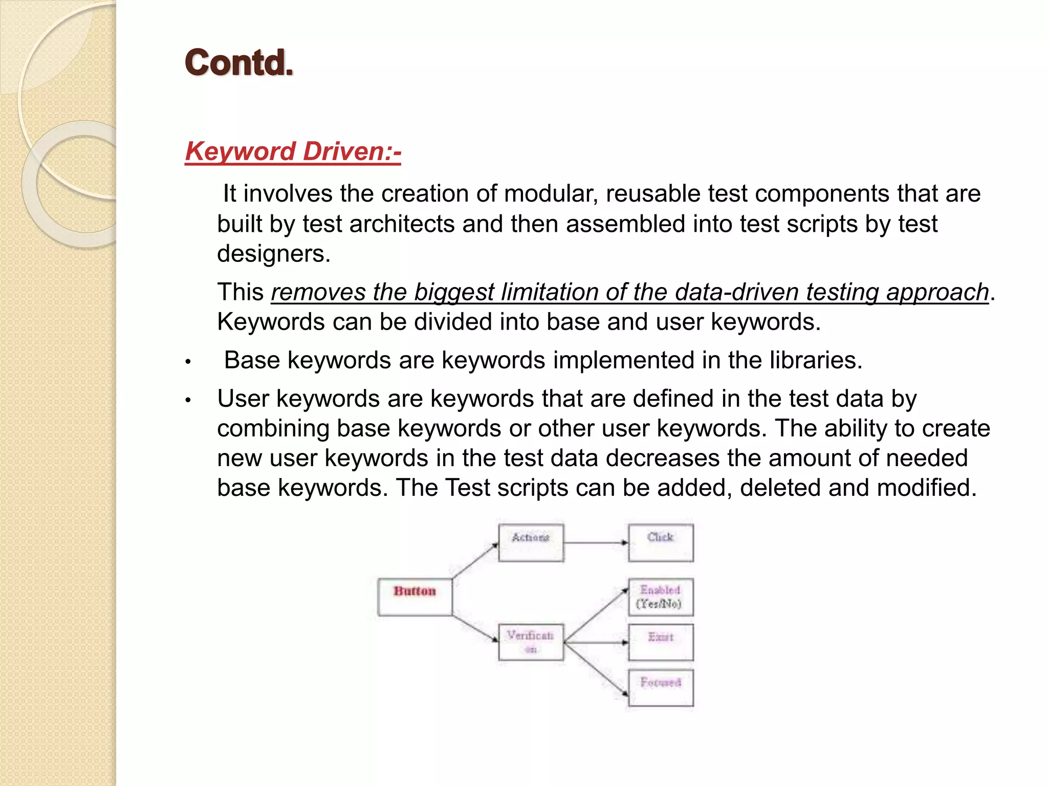 Keyword Driven:-
It involves the creation of modular, reusable test components that are
built by test architects and then assembled into test scripts by test
designers.
This removes the biggest limitation of the data-driven testing approach.
Keywords can be divided into base and user keywords.
• Base keywords are keywords implemented in the libraries.
• User keywords are keywords that are defined in the test data by
combining base keywords or other user keywords. The ability to create
new user keywords in the test data decreases the amount of needed
base keywords. The Test scripts can be added, deleted and modified.
 