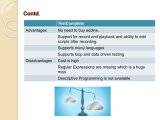 TestComplete
Advantages No need to buy addins.
Support for record and playback and ability to edit
scripts after recording.
Supports many languages
Supports loop and data driven testing
Disadvantages Cost is high
Regular Expressions are missing which is a huge
miss
Descriptive Programming is not available
 