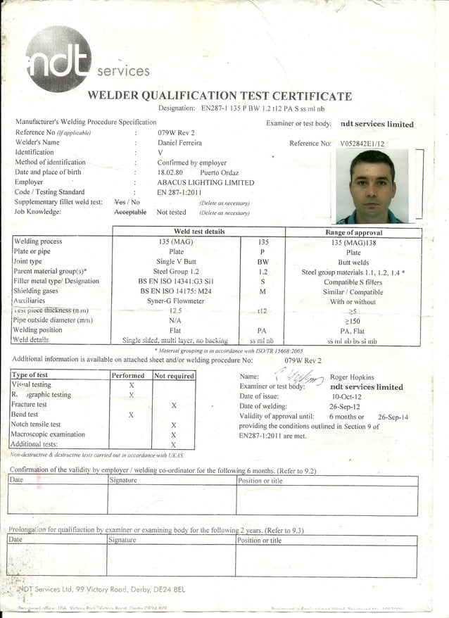Welder qualification test certificate BS EN 2871 135 PBW PDF