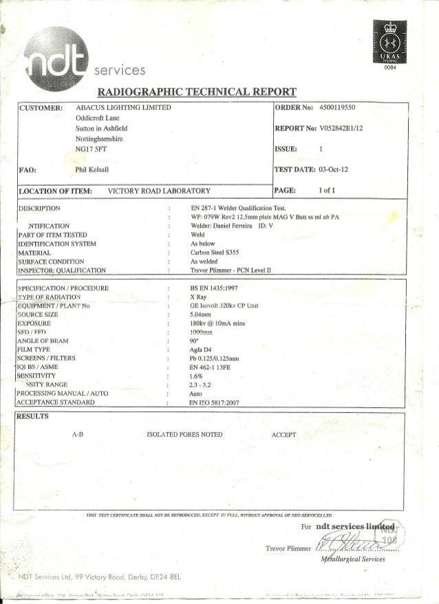 Welder qualification test certificate BS EN 2871 135 PBW