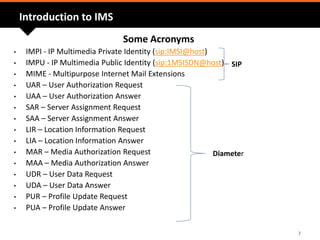 Introduction to IMS
Some Acronyms
• IMPI - IP Multimedia Private Identity (sip:IMSI@host)
• IMPU - IP Multimedia Public Identity (sip:1MSISDN@host)
• MIME - Multipurpose Internet Mail Extensions
• UAR – User Authorization Request
• UAA – User Authorization Answer
• SAR – Server Assignment Request
• SAA – Server Assignment Answer
• LIR – Location Information Request
• LIA – Location Information Answer
• MAR – Media Authorization Request
• MAA – Media Authorization Answer
• UDR – User Data Request
• UDA – User Data Answer
• PUR – Profile Update Request
• PUA – Profile Update Answer
7
Diameter
SIP
 