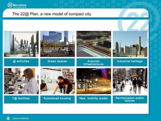 The 22@ Plan, a new model of compact city Subsidized housing @ activities 7@ facilities Green spaces Industrial heritage Avanced infrastructures New  mobility model Revitalization public spaces 