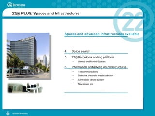 Spaces and advanced infrastructures available Space search  22@Barcelona landing platform Weekly and Monthly Spaces Information and advice on infrastructures Telecommunications Selective pneumatic waste collection Centralized climate system New power grid 22@ PLUS:  Spaces and Infrastructures 
