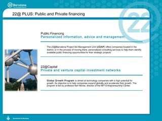 22@ PLUS: Public and Private financing Public Financing   Personalized information, advice and management The 22@Barcelona Project Aid Management Unit ( UGAP ) offers companies located in the district, or in the process of moving there, personalized consulting services to help them identify available public financing opportunities for their strategic projects. [email_address]   Private and venture capital investment networks Global Growth Program  is  aimed at technology companies with a high potential for growth. Its objective is to help companies expand globally and accelerate their growth. The program is led by professor Ken Morse, director of the MIT Entrepreneurship Center. 