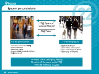 22@ Space of Personal Relation [email_address]   Increase of the belonging feeling Creation of the community 22@ Pride to work/live in 22@ Space of personal relation International Community : IN22@ Access to education Relationship spaces Networking:  22@Update Breakfast ,… [email_address] 22@Districte Digital  Actions of direct communication Support to initiatives of the district  22@Staying in company For the professionals For the neighbours 