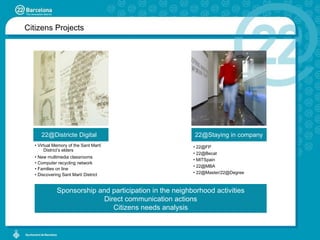 Citizens Projects Sponsorship and participation in the neighborhood activities Direct communication actions Citizens needs analysis Virtual Memory of the Sant Martí  District’s elders New multimedia classrooms Computer recycling network Families on line Discovering Sant Martí District [email_address] [email_address] MITSpain [email_address] 22@Master/22@Degree 22@Staying in company 22@Districte Digital 