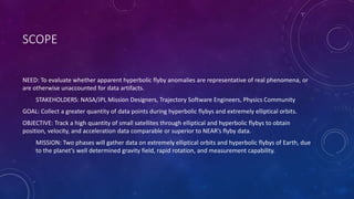 SCOPE
NEED: To evaluate whether apparent hyperbolic flyby anomalies are representative of real phenomena, or
are otherwise unaccounted for data artifacts.
STAKEHOLDERS: NASA/JPL Mission Designers, Trajectory Software Engineers, Physics Community
GOAL: Collect a greater quantity of data points during hyperbolic flybys and extremely elliptical orbits.
OBJECTIVE: Track a high quantity of small satellites through elliptical and hyperbolic flybys to obtain
position, velocity, and acceleration data comparable or superior to NEAR’s flyby data.
MISSION: Two phases will gather data on extremely elliptical orbits and hyperbolic flybys of Earth, due
to the planet’s well determined gravity field, rapid rotation, and measurement capability.
 