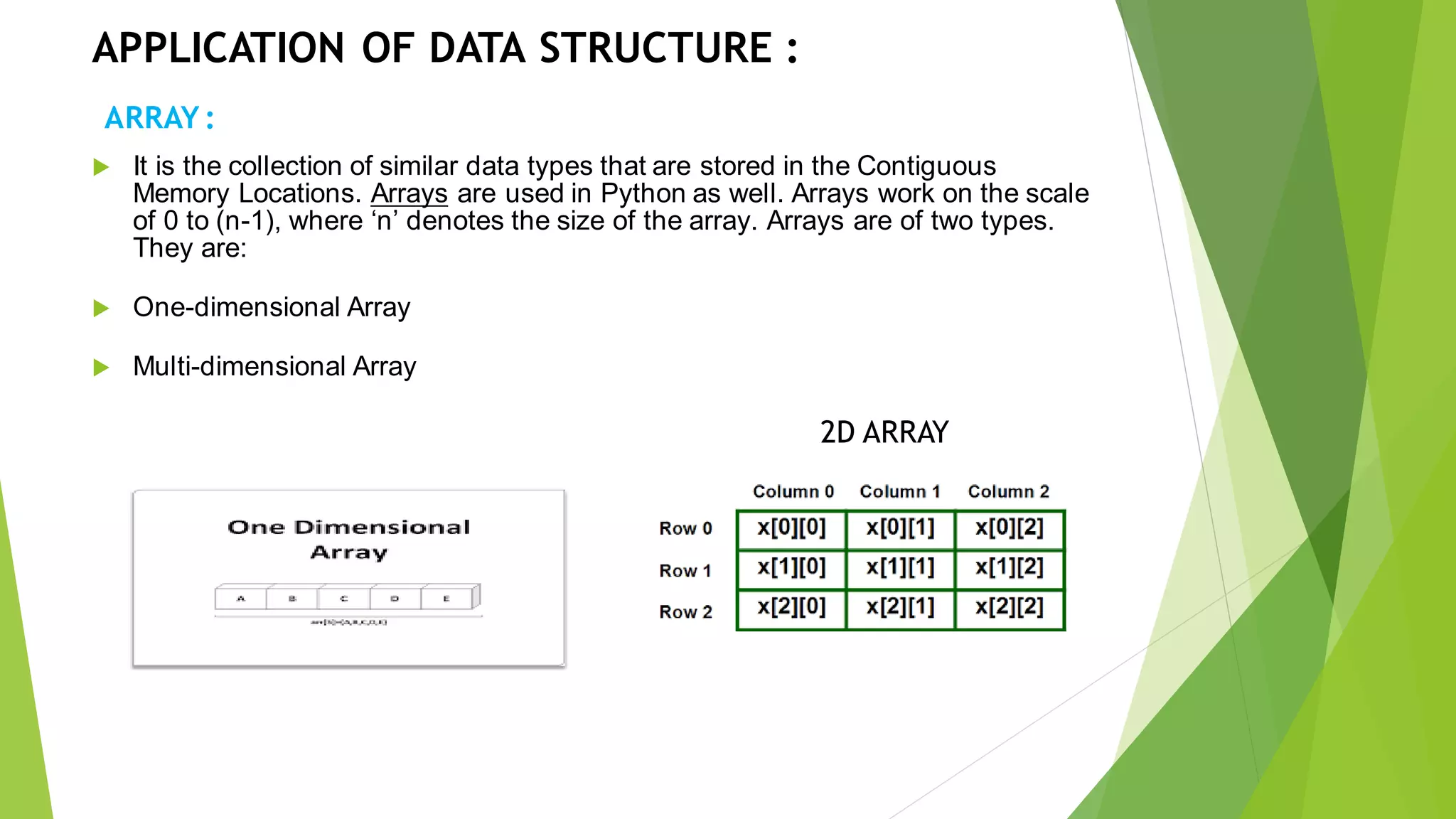 APPLICATION OF DATA STRUCTURE :
ARRAY :
 It is the collection of similar data types that are stored in the Contiguous
Memory Locations. Arrays are used in Python as well. Arrays work on the scale
of 0 to (n-1), where ‘n’ denotes the size of the array. Arrays are of two types.
They are:
 One-dimensional Array
 Multi-dimensional Array
2D ARRAY
 
