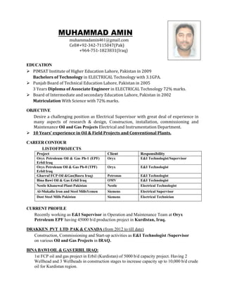 MUHAMMAD AMIN
muhammadamin461@gmail.com
Cell#+92-342-7115047(Pak)
+964-751-1823831(Iraq)
EDUCATION
 PIMSAT Institute of Higher Education Lahore, Pakistan in 2009
Bachelors of Technology in ELECTRICAL Technology with 3.1GPA.
 Punjab Board of Technical Education Lahore, Pakistan in 2005
3 Years Diploma of Associate Engineer in ELECTRICAL Technology 72% marks.
 Board of Intermediate and secondary Education Lahore, Pakistan in 2002
Matriculation With Science with 72% marks.
OBJECTIVE
Desire a challenging position as Electrical Supervisor with great deal of experience in
many aspects of research & design, Construction, installation, commissioning and
Maintenance Oil and Gas Projects Electrical and Instrumentation Department.
 10 Years’ experience in Oil & Field Projects and Conventional Plants.
CAREER CONTOUR
LISTOFPROJECTS
Project Client Responsibility
Oryx Petroleum Oil & Gas Ph-1 (EPF)
Erbil Iraq
Oryx E&I Technologist/Supervisor
Oryx Petroleum Oil & Gas Ph-0 (TPF)
Erbil Iraq
Oryx E&I Technologist
Gharraf FCP Oil &Gas(Basra Iraq) Petronas E&I Technologist
Bina Bawi Oil & Gas Erbil Iraq OMV E&I Technologist
Nestle Khanewal Plant Pakistan Nestle Electrical Technologist
Al-Mukalla Iron and Steel MillsYemen Siemens Electrical Supervisor
Dost Steel Mills Pakistan Siemens Electrical Technician
CURRENT PROFILE
Recently working as E&I Supervisor in Operation and Maintenance Team at Oryx
Petroleum EPF having 45000 b/d production project in Kurdistan, Iraq.
DRAKKEN PVT LTD PAK & CANADA (from 2012 to till date)
Construction, Commissioning and Start-up activities as E&I Technologist /Supervisor
on various Oil and Gas Projects in IRAQ.
BINA BAWI OIL & GAS ERBIL IRAQ:
1st FCP oil and gas project in Erbil (Kurdistan) of 5000 b/d capacity project. Having 2
Wellhead and 3 Wellheads in construction stages to increase capacity up to 10,000 b/d crude
oil for Kurdistan region.
 