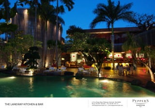 Jl. Pura Telaga Waja, Petitenget, Seminyak - Bali 80361
Phone +62 361 730 333 • Fax +62 361 737 111
info@peppersseminyak.com • www.peppersseminyak.comTHE LANEWAY KITCHEN & BAR
 